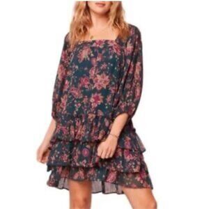 #529 Band of the free, boho square neck, sheer overlay ruffle dress size medium